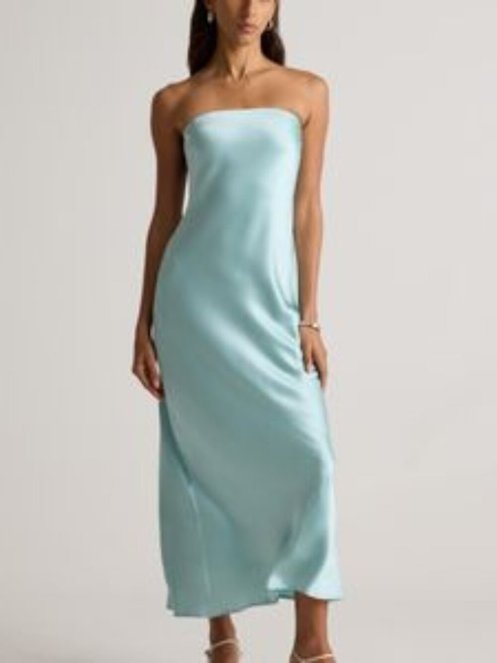 100% Washable Silk Strapless Midi Dress Aqua Pearl